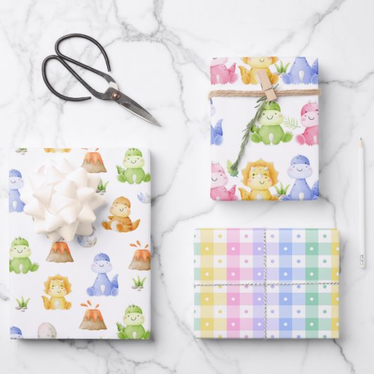 Dinosaurier-Geschenkpapier, Wasserfarben-Dino-Gesc Geschenkpapier Set (Vorderseite)