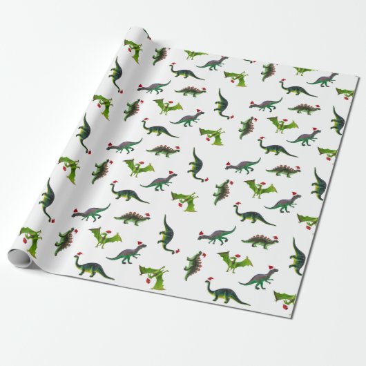 Dinosaurier in Weihnachtsmannmützen Geschenkpapier (Ungerollt)