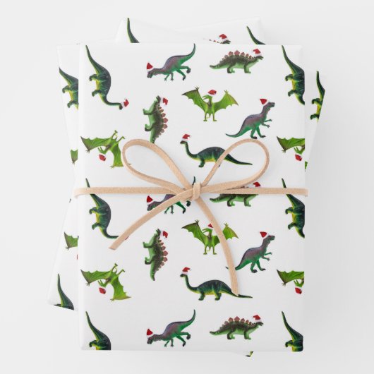 Dinosaurier in Weihnachtsmannmützen Umschlagpapier Geschenkpapier Set (Beispiel)