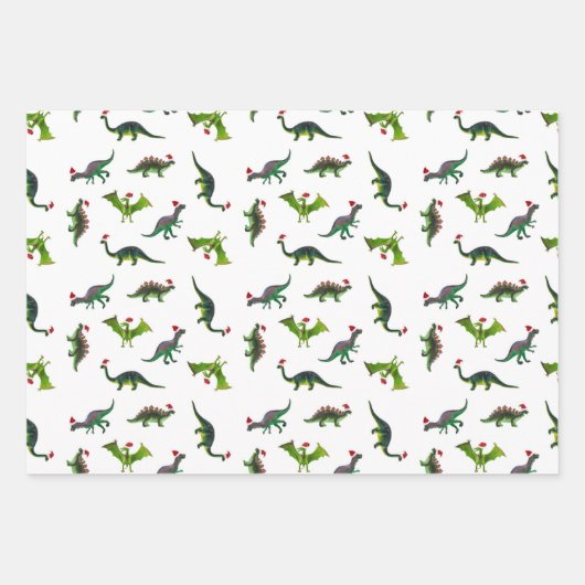 Dinosaurier in Weihnachtsmannmützen Umschlagpapier Geschenkpapier Set (Vorderseite)