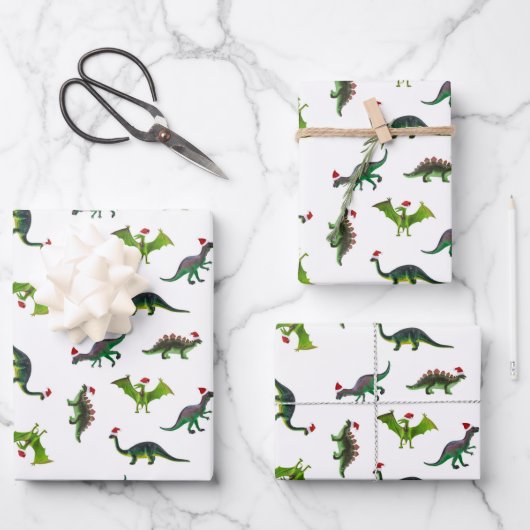 Dinosaurier in Weihnachtsmannmützen Umschlagpapier Geschenkpapier Set (Vorderseite)