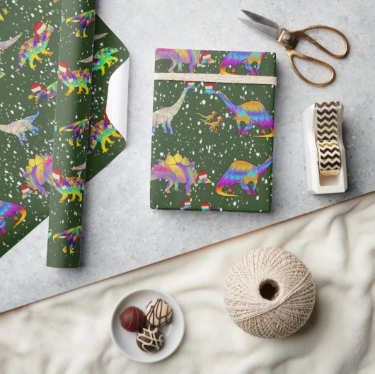 Dinosaurier in Weihnachtsmannmützen Weihnachten Geschenkpapier (Kunsthandwerk)