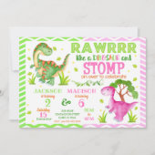 Dinosaurier Joint Birthday Invasion for Boy & Girl Einladung (Vorderseite)