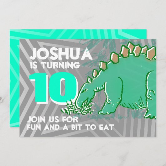 Dinosaurier Junge 10. Geburtstag grüne graue Einla Einladung (Vorne/Hinten)