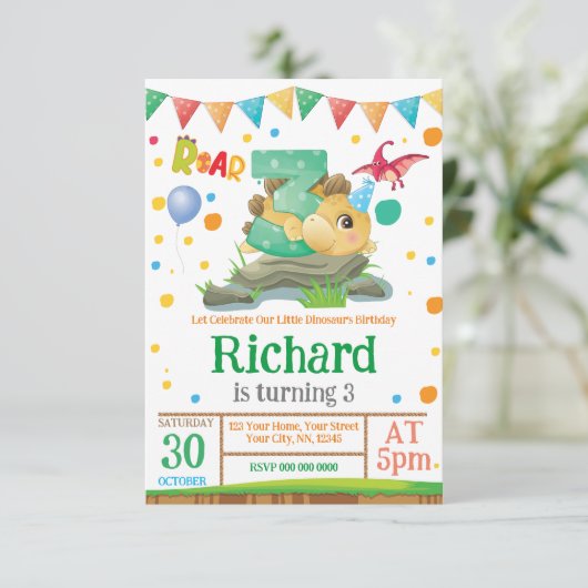 Dinosaurier Junge 3. Geburtstag Einladung (Stehend Vorderseite)