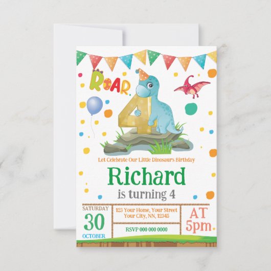 Dinosaurier Junge 4. Geburtstag Einladung (Vorderseite)