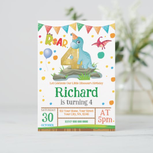 Dinosaurier Junge 4. Geburtstag Einladung (Stehend Vorderseite)