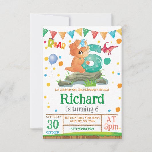 Dinosaurier Junge 6. Geburtstag Einladung (Vorderseite)