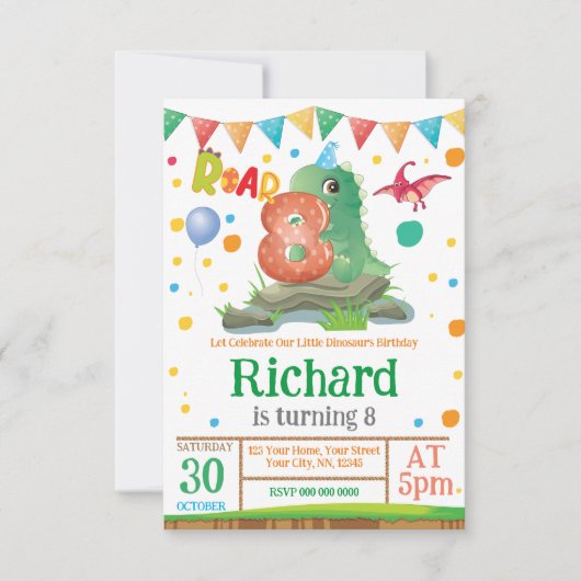 Dinosaurier Junge 8. Geburtstag Einladung (Vorderseite)