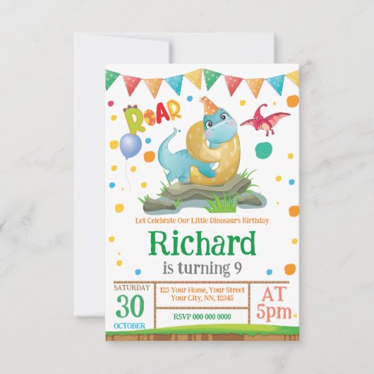 Dinosaurier Junge 9. Geburtstag Einladung (Vorderseite)