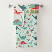 Dinosaurier-Junge blaue Monogramm-Großdruckkinder Badhandtuch Set (Insitu)