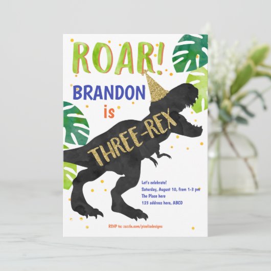 Dinosaurier, Junge, Dritter Geburtstag Einladung (Stehend Vorderseite)