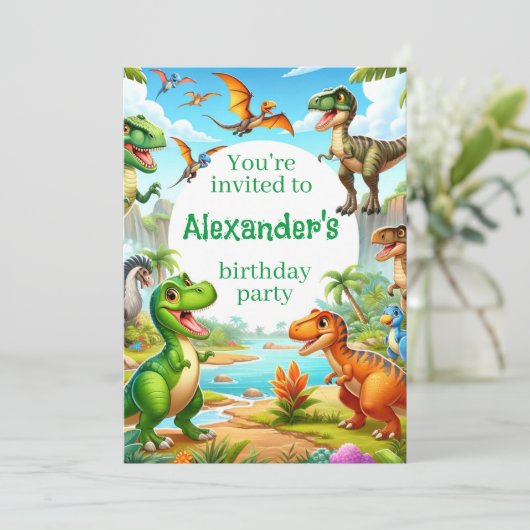 Dinosaurier-Kind zum Geburtstag Einladung (Stehend Vorderseite)
