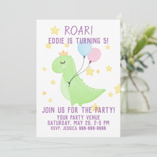 Dinosaurier mit Balloons Einladung (Stehend Vorderseite)