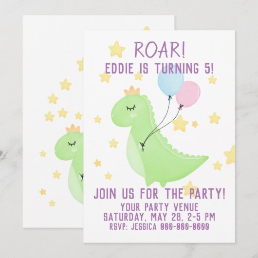 Dinosaurier mit Balloons Einladung (Vorne/Hinten)