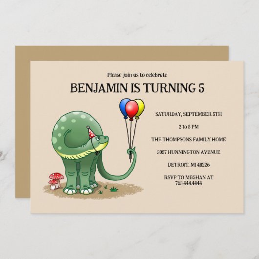 Dinosaurier mit Balloons zum Geburtstag Einladung (Vorne/Hinten)