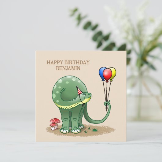 Dinosaurier mit Balloons zum Geburtstag Karte (Stehend Vorderseite)