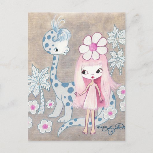 Dinosaurier mit Cavegirl Postkarte (Vorderseite)