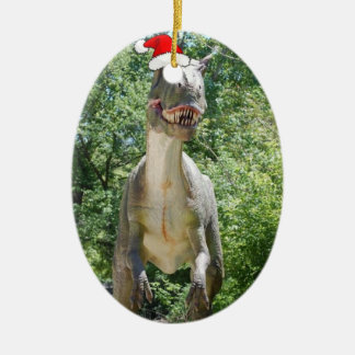 Dinosaurier mit einem Weihnachtshut zu Weihnachten Keramik Ornament