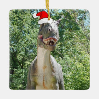 Dinosaurier mit einem Weihnachtshut zu Weihnachten Keramikornament