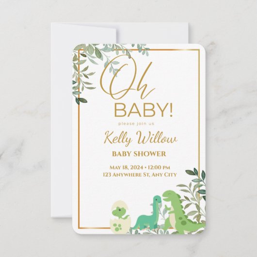 Dinosaurier mit Eukalyptus-Blätter Oh Babydusche Einladung (Vorderseite)