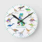 Dinosaurier mit Namen bunt Personalisiert Aquamari Runde Wanduhr (Vorderseite)