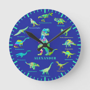 Dinosaurier mit Namen Personalisiert blau grün Runde Wanduhr