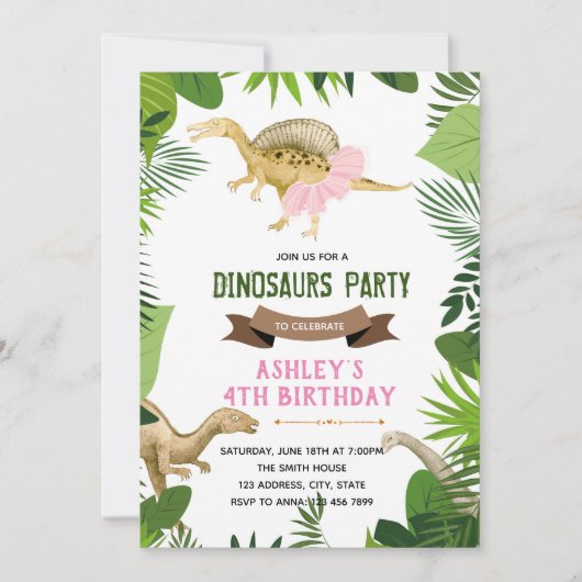 Dinosaurier mit Tutu-Party Einladung (Vorderseite)