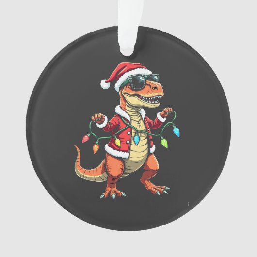 Dinosaurier mit Weihnachtslicht-Weihnachtsmannmütz Ornament (Vorderseite)