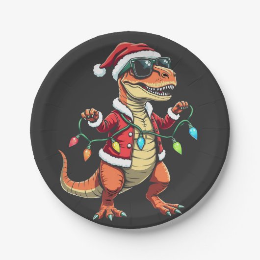 Dinosaurier mit Weihnachtslicht-Weihnachtsmannmütz Pappteller (Vorderseite)