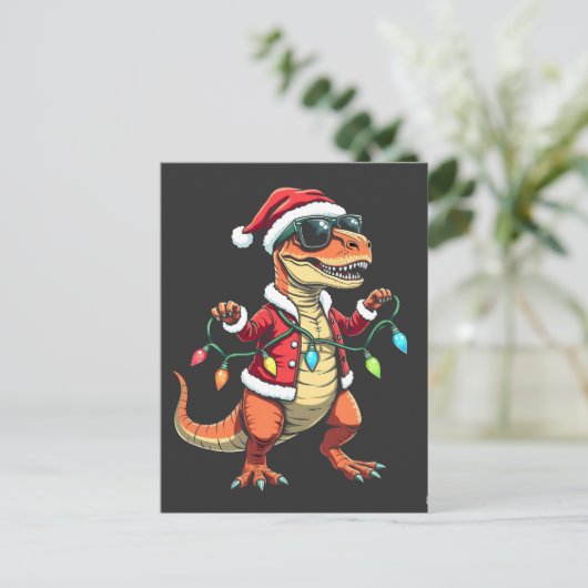 Dinosaurier mit Weihnachtslicht-Weihnachtsmannmütz Postkarte (Stehend Vorderseite)