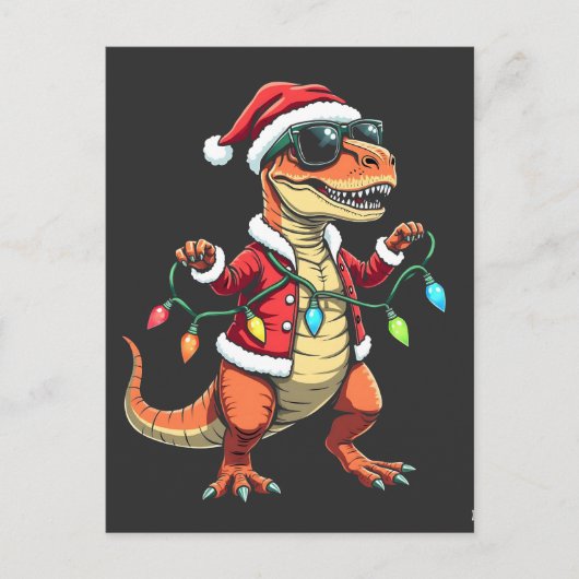 Dinosaurier mit Weihnachtslicht-Weihnachtsmannmütz Postkarte (Vorderseite)