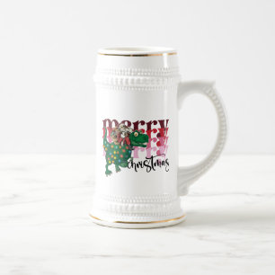 Dinosaurier mit Weihnachtsmann Bierglas
