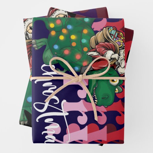 Dinosaurier mit Weihnachtsmann Geschenkpapier Set (Beispiel)