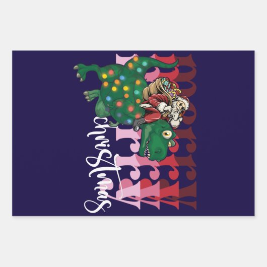 Dinosaurier mit Weihnachtsmann Geschenkpapier Set (Vorderseite)