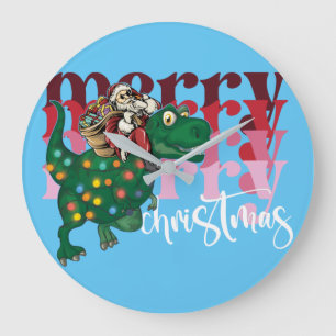 Dinosaurier mit Weihnachtsmann Große Wanduhr
