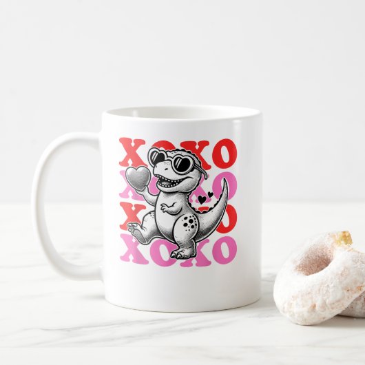 Dinosaurier mit Xo-Muster für den Valentinstag Kaffeetasse (Mit Donut)