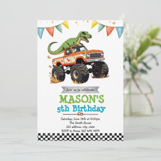 Dinosaurier-Monster-LKW Einladung (Stehend Vorderseite)