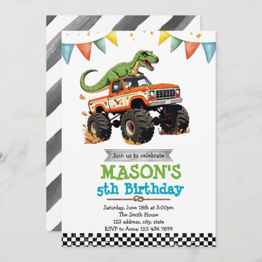 Dinosaurier-Monster-LKW Einladung (Vorne/Hinten)