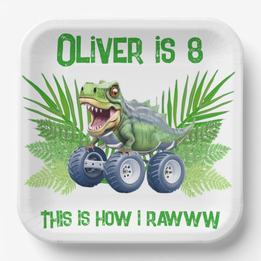 Dinosaurier-Monster-LKW personalisiert Geburtstag Pappteller (Vorderseite)