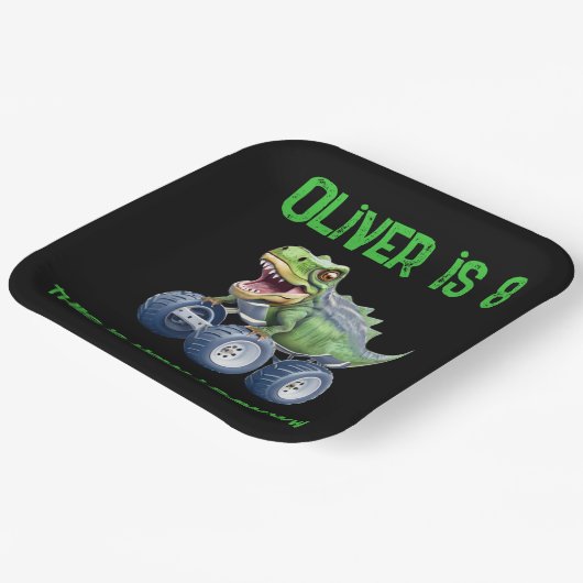 Dinosaurier-Monster-LKW personalisiert Geburtstag Pappteller (Gewinkelt)