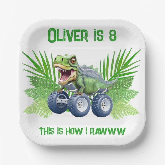 Dinosaurier-Monster-LKW personalisiert Geburtstag Pappteller (Vorderseite)