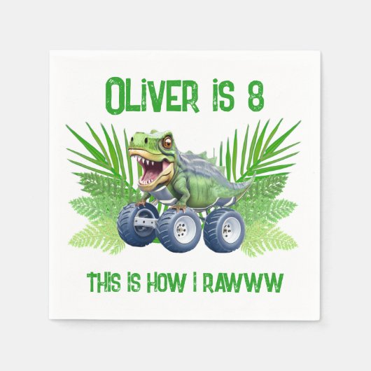 Dinosaurier-Monster-LKW personalisiert Geburtstag Serviette (Vorderseite)