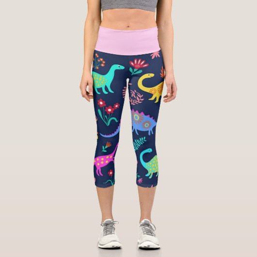 Dinosaurier Multicolor Niedlich High Waisted Capri (Vorderseite)
