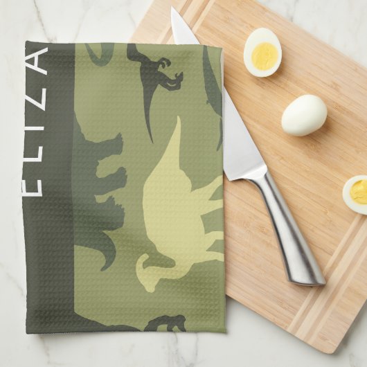 Dinosaurier Muster, Dinosaur Silhouette, Ihr Name Geschirrtuch (Viertel Falte)