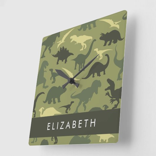 Dinosaurier Muster, Dinosaur Silhouette, Ihr Name Quadratische Wanduhr (Winkel)