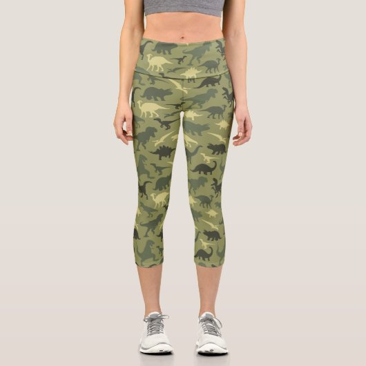 Dinosaurier-Muster, Dinosaurier-Silhouette, grüner Capri Leggings (Vorderseite)