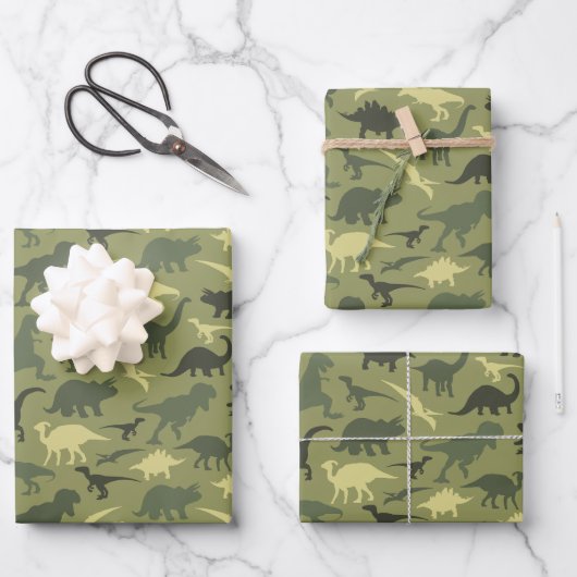 Dinosaurier-Muster, Dinosaurier-Silhouette, grüner Geschenkpapier Set (Vorderseite)