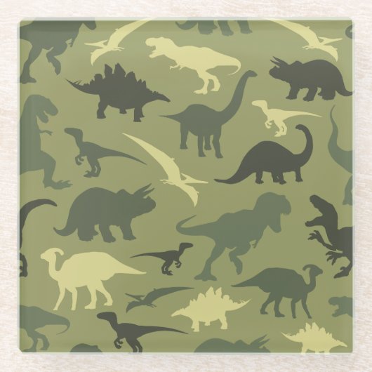 Dinosaurier-Muster, Dinosaurier-Silhouette, grüner Glasuntersetzer (Vorderseite)