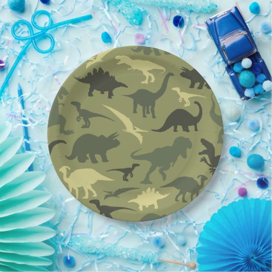 Dinosaurier-Muster, Dinosaurier-Silhouette, grüner Pappteller (Party)